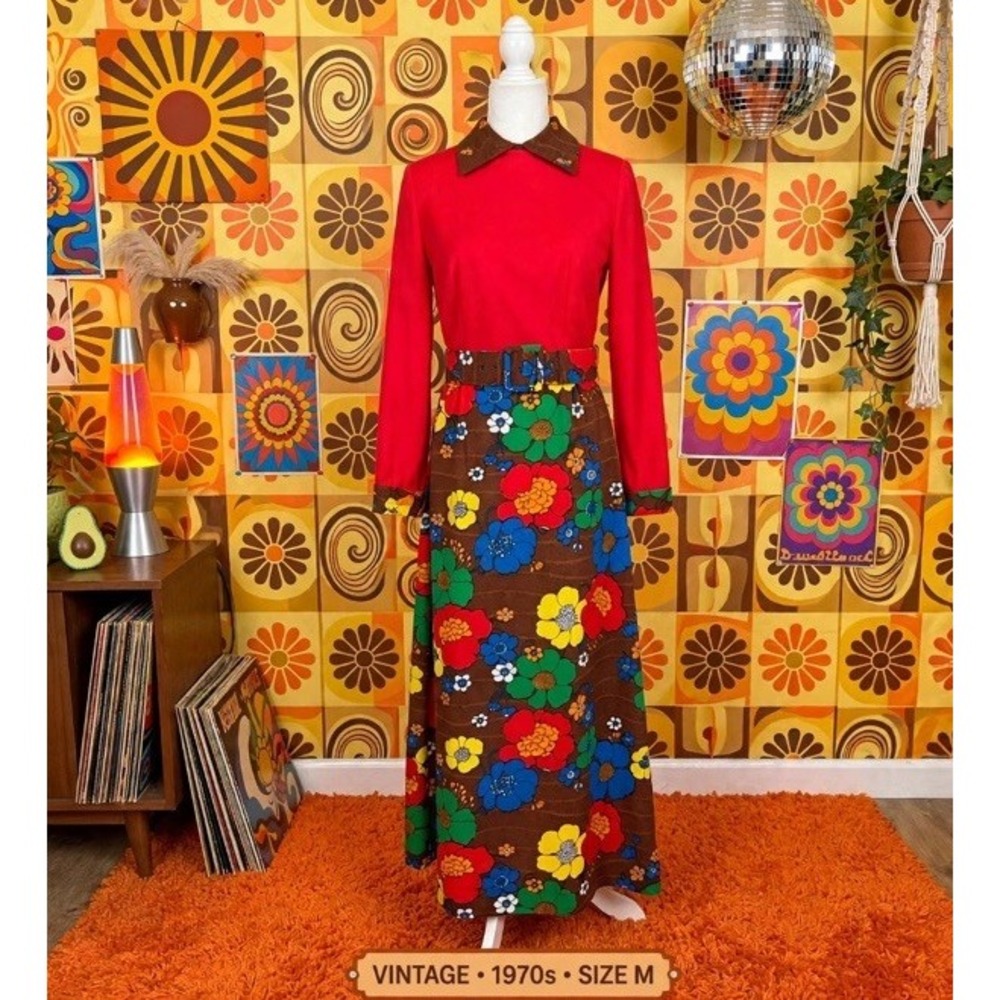 Vintage 70s Momentum Maxi Dress Sz 14 Red Brown Floral Belted Psychedelic Boho